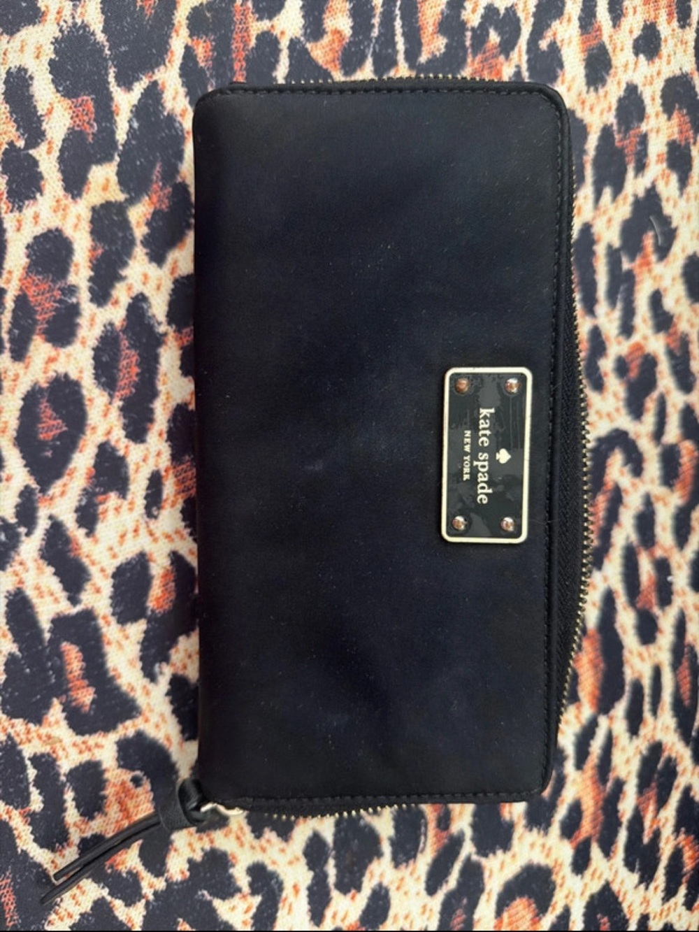 kate spade Black Zip-Around Logo Plate Wallet